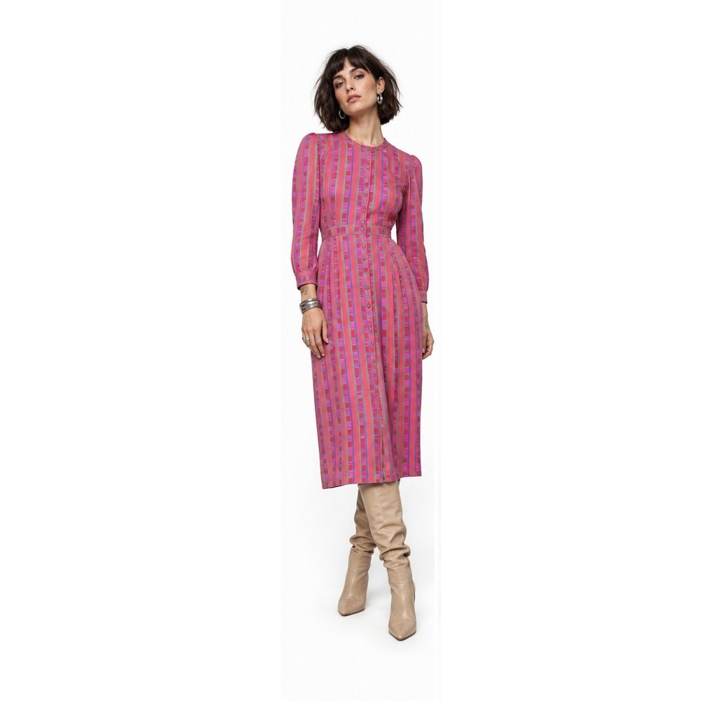 Stripe Geometric Jack Mulqueen Silksational Button Front Pleated Midi Vintage